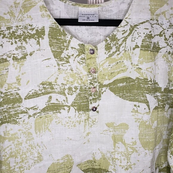 Click by Color Me Cotton Green Tan Linen Lagenlook 3/4 Sleeve Top S - Picture 4 of 6